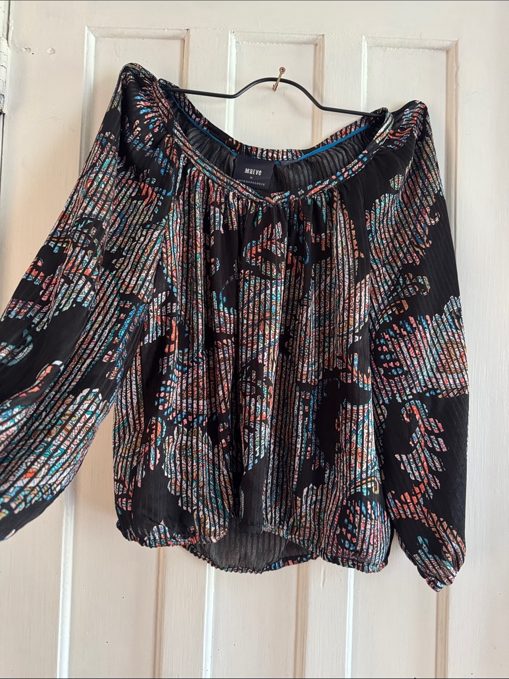 Anthropologie Black Multicolor Pleated Peasant Blouse